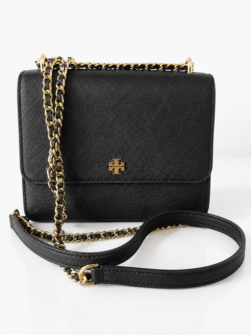 Tory Burch Black Saffiano Leather Chain Crossbody with Gold Hardware